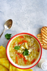 Shchi - traditional russian cabbage soup. Top view with copy space.