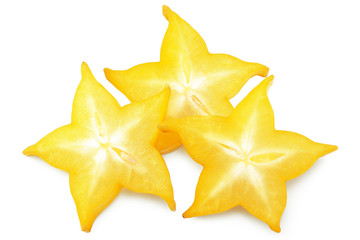 Fototapeta premium slice ripe star fruit carambola or star apple ( starfruit ) on white background. top view