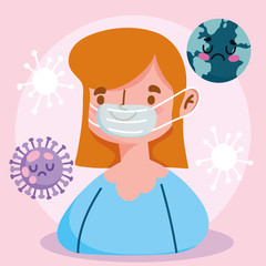 virus covid 19 pandemic, sick world and girl with medical mask cartoon