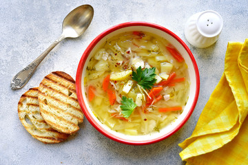 Shchi - traditional russian cabbage soup. Top view with copy space.
