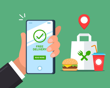 Free Fast Food Delivery Via Smartphone. Flat Vector Illustration.