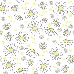 Seamless pattern of daisies in white background. It can be used for wallpapers, cards, wrapping, patterns for clothes and other.