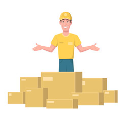 Deliveryman is standing with a big amount of carton boxes. Vector illustration.
