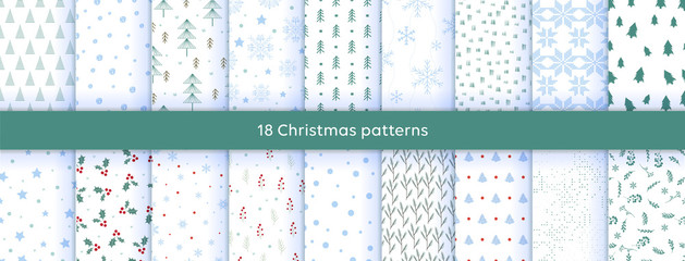 Vector Set of Seamless Christmas and New Year`s patterns. Winter and Christmas elements on a dark background. Wrap for gifts.  Doodle style.