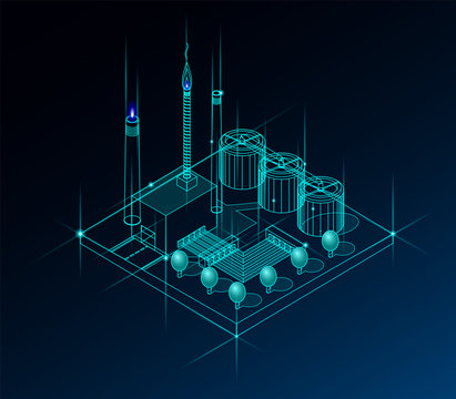 Dark illustration of neon factory with pipes; chimneys and industial objects; buildings.