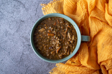 Lentil soup with chicken, Mediterranean soup with thick stew like broth. 