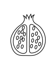 Black outline of half a pomegranate fruit, flat icon, isolated on a white background. Vector illustration.