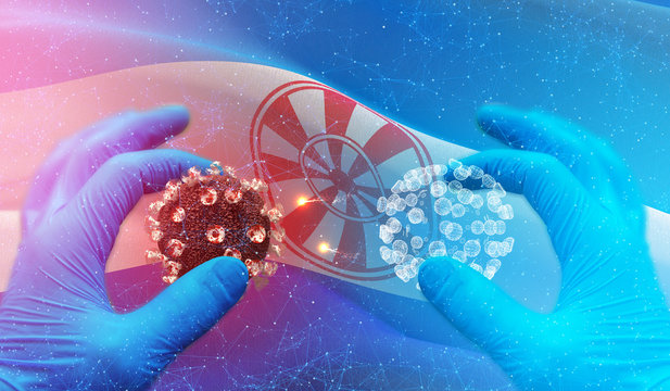 Medical molecular concept, virus molecule in specialist hand, infection in russian region, flag images concept - The flag of Evenk Autonomous Okrug. Coronavirus in Russia concept 3D illustration.