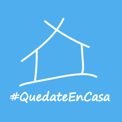 HandDrawn house by thin white lines on blue background. Image for avatar or posting news of for poster or banner. Covid-19 or coronavirus quarantine illustration. inscription in Spanish - Stay at home