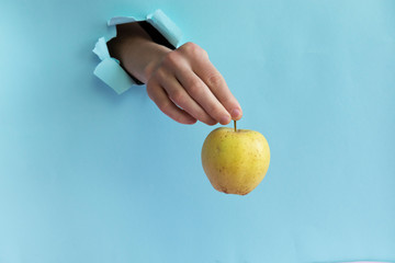 A man holds a green ripe apple by the ponytail in his hand through a hole in the paper wall.