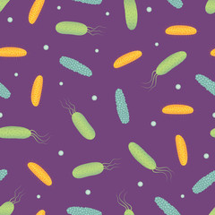 Vector bright hand drawn seamless pattern with different bacteria on a purple background