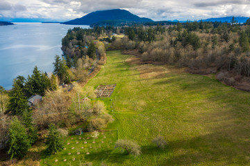 Aerial View of an Orchard on the West Side of Lummi Island, Washington. Fruit trees and open pastureland are common sights on this beautiful Pacific Northwest island in the Salish Sea.