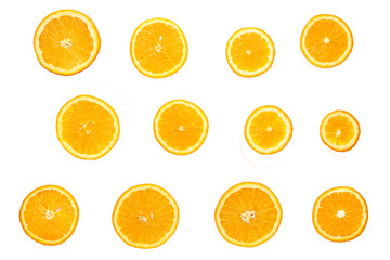 Slices of orange or tangerine isolated on white background. Flat lay, top view. Fruit composition