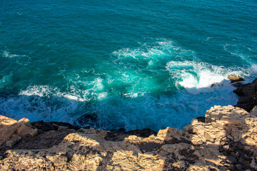 Aerial view of Black Sandy Beach, Coast of Atlantic Ocean and Cliffs in Ajuy, Furteventura, Canary Islands, Spain 