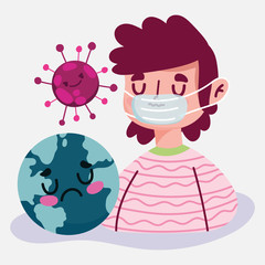 virus covid 19 pandemic, sick world and man with protective mask