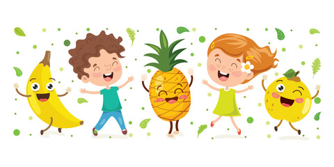 Fototapeta na wymiar Liitle Child And Cartoon Fruit