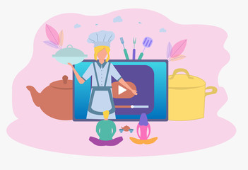 Professional woman chef holds a lesson on how to cook food professionally. Gourmet blogging, the personal blog of a professional chef. Colorful vector illustration.