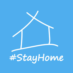 HandDrawn house by thin white lines on blue background. Image for avatar or posting news of for poster or banner. Covid-19 or coronavirus quarantine illustration. inscription in English - Stay at home
