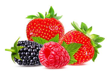 Collage of fresh berries isolated on white background with clipping path