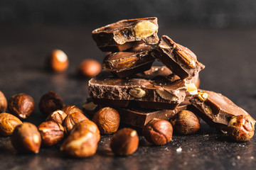 Dark nut chocolate and hazelnuts.