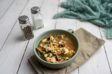 Fresh green sorrel soup, Russian special egg drop soup with vegetables, healthy soup