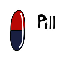 Vector illustration of pill isolated on white background. Simple vector illustration of medicine. Cartoon style symbol of pharmacy. Doodle capsule.