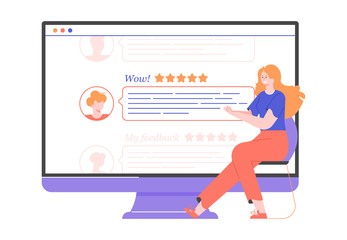 The girl is sitting next to a large monitor. Examines customer reviews. Rating, testimonials and feedback. Golden stars. Vector flat illustration.