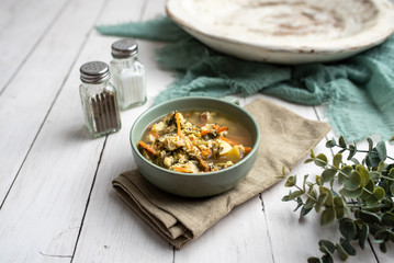 Fresh green sorrel soup, Russian special egg drop soup with vegetables, healthy soup