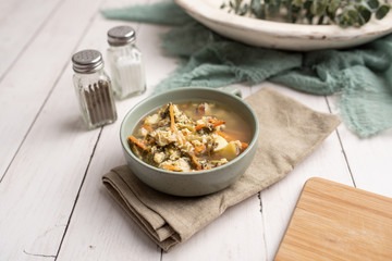 Fresh green sorrel soup, Russian special egg drop soup with vegetables, healthy soup