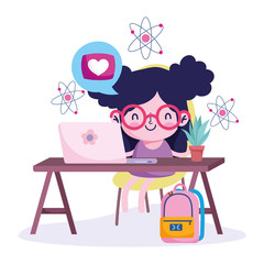 education online, girl in desk with laptop backpack and plant, coronavirus pandemic
