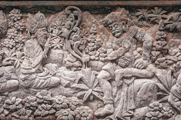 Sculptures of gods and demons carved from stone.