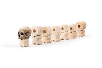 The concept of confronting people with the crisis, problems, fear and danger in the performance of wooden little men, isolated on white. People temporarily forced to live in a crisis