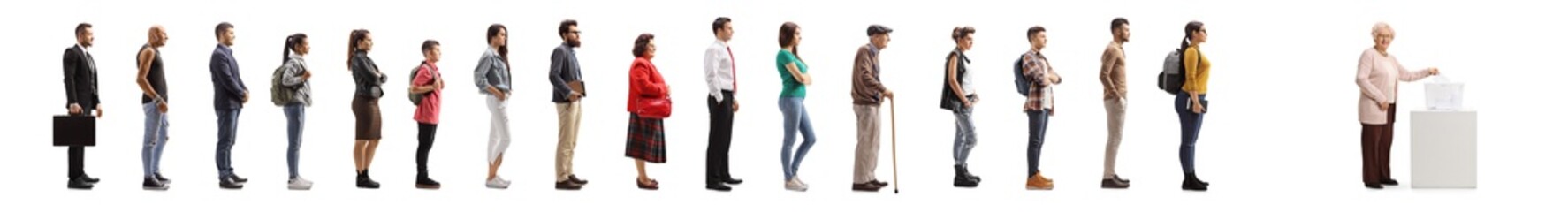 Female pensioner voting and people waiting in line
