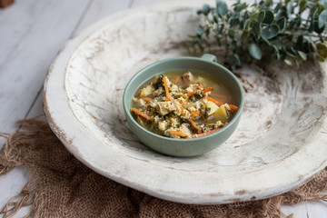 Fresh green sorrel soup, Russian special egg drop soup with vegetables, healthy soup