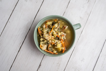 Fresh green sorrel soup, Russian special egg drop soup with vegetables, healthy soup