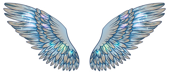 Naklejki  Piękne magiczne światło kruche świecące błyszczące niebieskie beżowe skrzydła, wektor