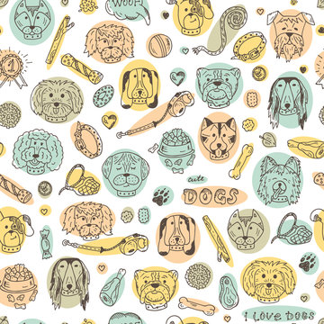 Dogs Vector Seamless pattern. Hand Drawn Doodles Dogs and accessories for pets.