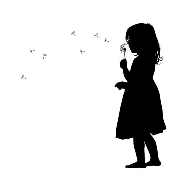 The profile of the silhouette of the girl blows dandelion. Vector illustration