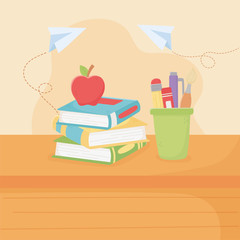 happy teachers day, school apple on books and supplies