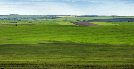 big panorama of of geometric patchwork of gardens, agricultural lands, farmland in springtime