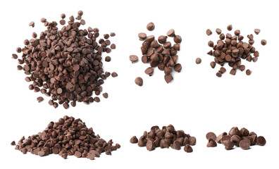 Set of delicious chocolate chips on white background