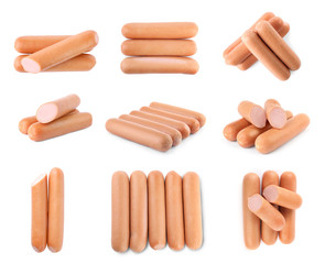 Set with tasty sausages on white background