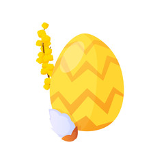 Easter holiday painted egg and flowers on white.