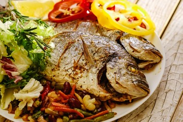 Food fish fresh dorado, meal seafood dinner, cooking tasty.