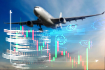 Abstract image about flights economy and money stock exchange.