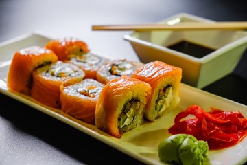 Japanese sushi seafood roll restaurant, dinner.