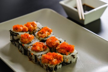 Japanese sushi seafood roll restaurant, dinner menu.