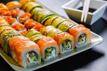 Japanese sushi seafood roll restaurant, rice white.