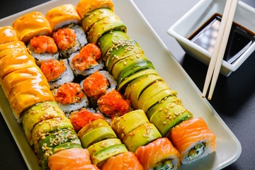 Japanese sushi seafood roll restaurant, menu tuna.