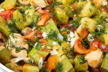 Chicken. carrot and zucchini on pan vegetable food, dish roasted.